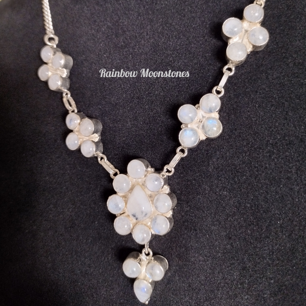 Angelic Rainbow Moonstones silver necklace 20" Handcrafted Vintage